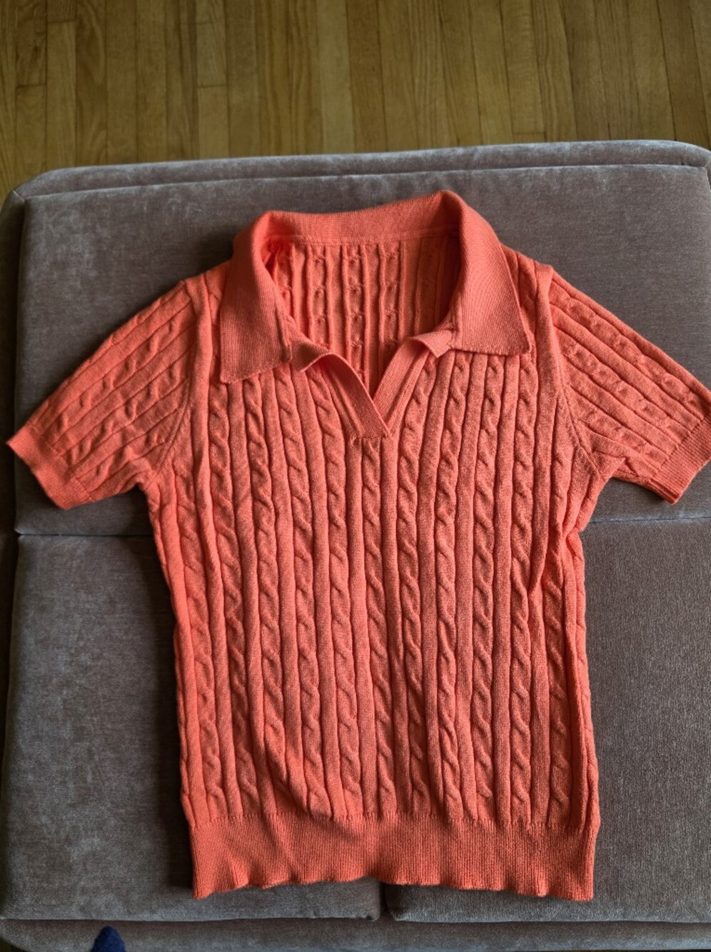 Cable Knit Sweater Short Sleeve Polo Top V Neck Bright Orange Sz L - Picture 2 of 5